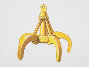 Yellow grapple of an excavator in open position Yellow grapple of an excavator in open position