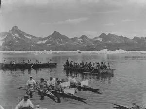 Inuit people, kayaks, umiaks in Angmagssalik area Inuit people, kayaks, umiaks in Angmagssalik area