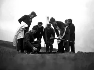 Boys on the Sussex Downs preparing to launch their rocket made from a meccano set. 1959 Boys on the Sussex Downs preparing to launch their rocket made from a meccano set. 1959