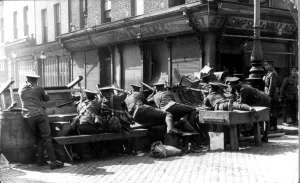 British troops hold a barrier in a Dublin Street during the week long Irish Rebellion of British troops hold a barrier in a Dublin Street during the week long Irish Rebellion of