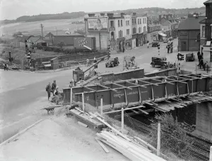Building work on the widening of the Swanley Bridge in Kent. 1938 Building work on the widening of the Swanley Bridge in Kent. 1938