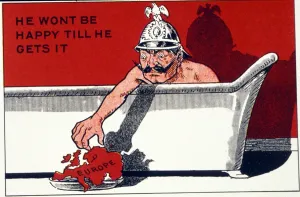 Cartoon of Kaiser Bill in the Bath Tub with the caption He Wont be Happy Till He Cartoon of Kaiser Bill in the Bath Tub with the caption He Wont be Happy Till He