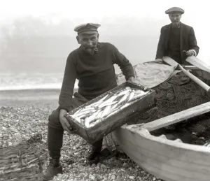 The Coxswain of the Aldeburgh lifeboat , Charlie Mann , with a catch of herrings The Coxswain of the Aldeburgh lifeboat , Charlie Mann , with a catch of herrings