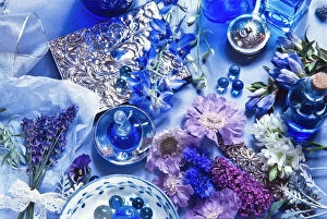Images Dated 14th July 2015: The idea of blue fragrance - flowers, fabric, scent, glass, credit: Marie-Louise