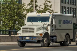 An International small 4 wheeled box van, amoured secuity vehicle in downtown toronto An International small 4 wheeled box van, amoured secuity vehicle in downtown toronto