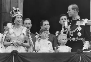 Queen Elizabeth II gestures as her husband Duke of Edinburgh Prince Phillip and children Queen Elizabeth II gestures as her husband Duke of Edinburgh Prince Phillip and children