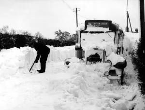 Snow up on the roof of this bus at Cudham, Kent. Two other buses suffered the same fate Snow up on the roof of this bus at Cudham, Kent. Two other buses suffered the same fate