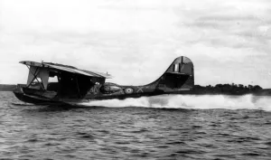 A striking picture of Cataline flying boat taking off on the 24-hour patrol over the Atlantic A striking picture of Cataline flying boat taking off on the 24-hour patrol over the Atlantic