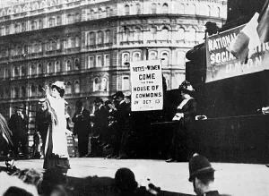 Suffragettes; Mrs Pankhurst speaking in Trafalgar Square, October 1908. Flora Drummond Suffragettes; Mrs Pankhurst speaking in Trafalgar Square, October 1908. Flora Drummond