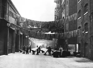 Sugar bags hanging out to dry, North Quay, West India Docks, 1900 Sugar bags hanging out to dry, North Quay, West India Docks, 1900