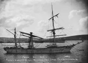 Print of the Magatlan, a dismasted French barque in Falmouth Harbour