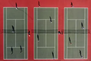 Print of an aerial photo showing people playing tennis in Liverpool