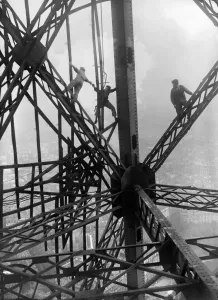Eiffel Tower Prints: Print of workers climbing the Eiffel Tower in Paris