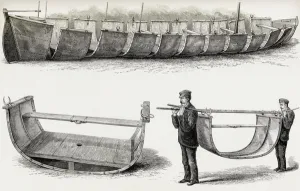 The 28-foot steel boat Advance, designed to be carried over land, 1890 (wood engraving) The 28-foot steel boat Advance, designed to be carried over land, 1890 (wood engraving)