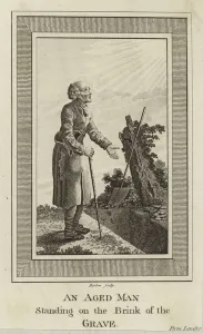 An aged man standing on the brink of a grave (engraving) An aged man standing on the brink of a grave (engraving)