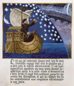 Amerigo Vespucci navigating by the stars on his 3rd voyage (colour litho) Amerigo Vespucci navigating by the stars on his 3rd voyage (colour litho)