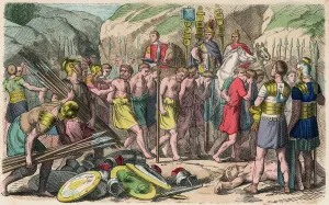 Ancient Rome: Captured enemies are harnessed, 1866 (coloured engraving) Ancient Rome: Captured enemies are harnessed, 1866 (coloured engraving)