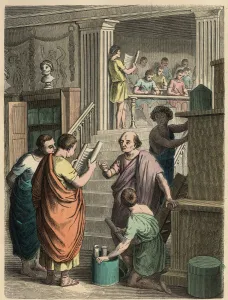 Ancient Rome: Selling and manufacturing books, 1866 (coloured engraving) Ancient Rome: Selling and manufacturing books, 1866 (coloured engraving)