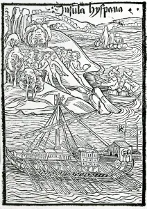 Arrival of Columbus Caravel on the Island of Hispaniola, 1494 (woodcut) Arrival of Columbus Caravel on the Island of Hispaniola, 1494 (woodcut)