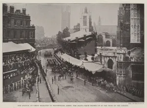 The Arrival of Their Majesties at Westminster Abbey, the State Coach drawn up at the Door The Arrival of Their Majesties at Westminster Abbey, the State Coach drawn up at the Door