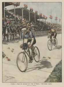 The arrival in Paris of the Giro de France competitors, the winner Petit Breton (colour litho) The arrival in Paris of the Giro de France competitors, the winner Petit Breton (colour litho)