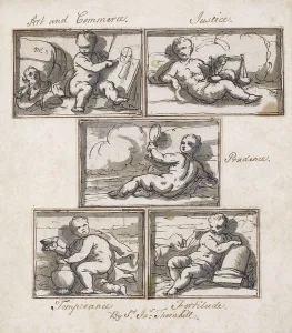 Art and Commerce; Justice; Prudence; Temperance; and Fortitude, (pencil Art and Commerce; Justice; Prudence; Temperance; and Fortitude, (pencil