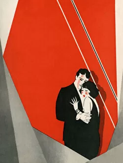Embrace the Elegance: Art Deco Poster Art Collection: Art Deco Design of a Woman Clinging to Her Man, 1928 (colour litho)