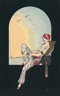 Embrace the Elegance: Art Deco Poster Art Collection: Art Deco image of a woman reclining in a window seat (colour litho)