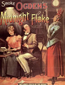 Prints of ADV956395 Why Jones Stayed at the Office', advertisement for Ogden's Midnight Flake' c Liverpool Prints: A colour lithograph print of a scene depicting a man at an office desk