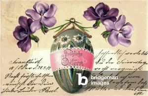 Easter Greeting Card Prints: Congratulations Easter, painted Easter egg, violets