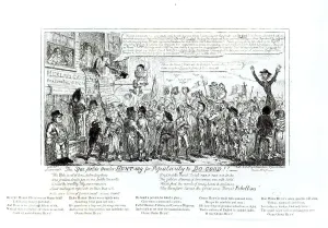 Prints of XJF108994 The Spa Fields Orator Hunt-ing for Popularity to Do-Good!!, pub. by J. Sidebotham, 1817 (etching) (b&w photo) by Cruikshank, George (1792-1878); Private Collection; English, out of copyright Politic Prints: The Spa Fields Orator etching, a black and white print