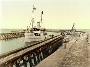 Harbour Prints: Colour lithograph print of a steamer entering harbour