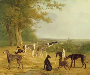 Nine Greyhounds in a Landscape Print, oil on canvas