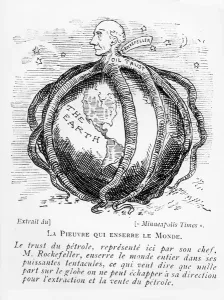 Prints of CHT206508 The Octopus Who Strangles the World, cartoon from The Minneapolis Times, reproduced in Lectures Pour Tous, 1902-03 (engraving) (b/w photo) by American School Industrialist Prints: The Octopus Who Strangles the World Print, 1902-03 Engraving