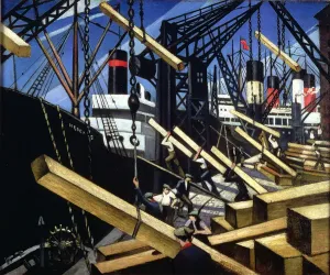 Prints of SOU80731 Loading Timber, Southampton Docks, 1916-17 (oil on canvas) by Nevinson, Christopher Richard Wynne (1889-1946); 51x61 cm; Southampton City Art Gallery, Hampshire Related Prints: Loading Timber at Southampton Docks, 1916-17 Oil Print