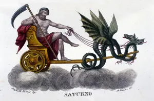 Unknown Artist Prints: 19th Century Print of Saturn on a Tank Fired by Two Dragons