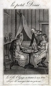 Black And White Domestic Scene Prints: Little dinner. Olympe de Gouges (1748-1793), French woman of letters