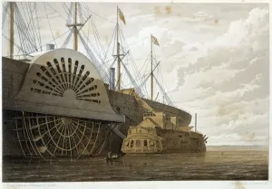 Great Eastern Ship Prints: The old frigate with her freight of cable alongside the GreatEastern