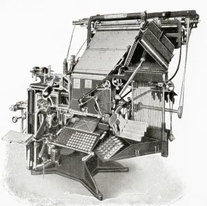 Black And White Industrial Photos Prints: The Intertype interlocking typecasting machine, from Meyers Lexicon, pub. 1927