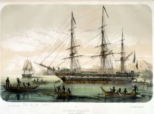 The Astrolabe and The Zelee arrive at Noukahiva, 19th century (colour litho) The Astrolabe and The Zelee arrive at Noukahiva, 19th century (colour litho)