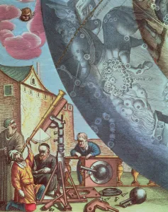 Astronomers looking through a telescope, detail from a map of the constellations Astronomers looking through a telescope, detail from a map of the constellations