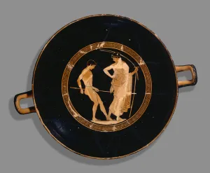 Athenian red-figure cup; depiction of boy athlete and trainer, 480 BC (ceramic) Athenian red-figure cup; depiction of boy athlete and trainer, 480 BC (ceramic)