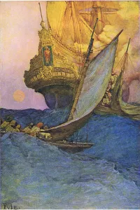 An attack on a galleon, from Howard Pyle's Book of Pirates published by Harper & Bros An attack on a galleon, from Howard Pyle's Book of Pirates published by Harper & Bros