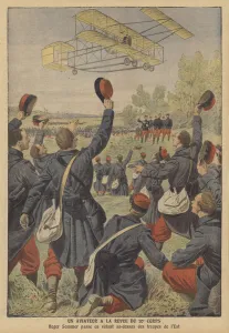 Aviator Roger Sommer flying above troops of the 20th Corps of the French Army (colour litho) Aviator Roger Sommer flying above troops of the 20th Corps of the French Army (colour litho)