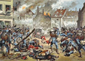 Battle in the streets of Bazeilles, Franco-Prussian War, 1 September 1870 (chromolitho) Battle in the streets of Bazeilles, Franco-Prussian War, 1 September 1870 (chromolitho)