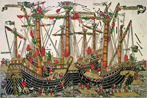 Battle of Zonchio, 1499 (colour woodcut) Battle of Zonchio, 1499 (colour woodcut)
