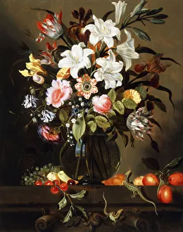 A Bouquet of Flowers with Fruit and two Sand Lizards on a Stone Ledge A Bouquet of Flowers with Fruit and two Sand Lizards on a Stone Ledge