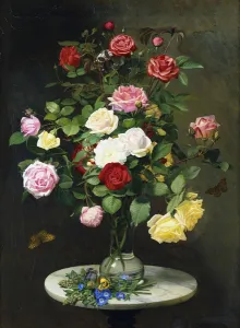A Bouquet of Roses in a Glass Vase by Wild Flowers on a Marble Table A Bouquet of Roses in a Glass Vase by Wild Flowers on a Marble Table