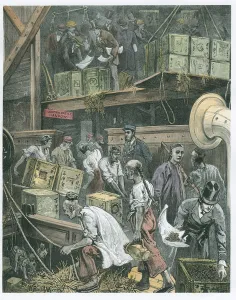 Breaking Bulk on Board a Tea Ship in the London Docks (engraving) (later colouration) Breaking Bulk on Board a Tea Ship in the London Docks (engraving) (later colouration)