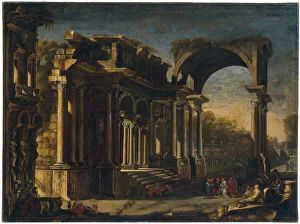 Adulteress Collection: Capriccio with Roman ruins and Christ with the Woman Taken in Adultery (oil on canvas)